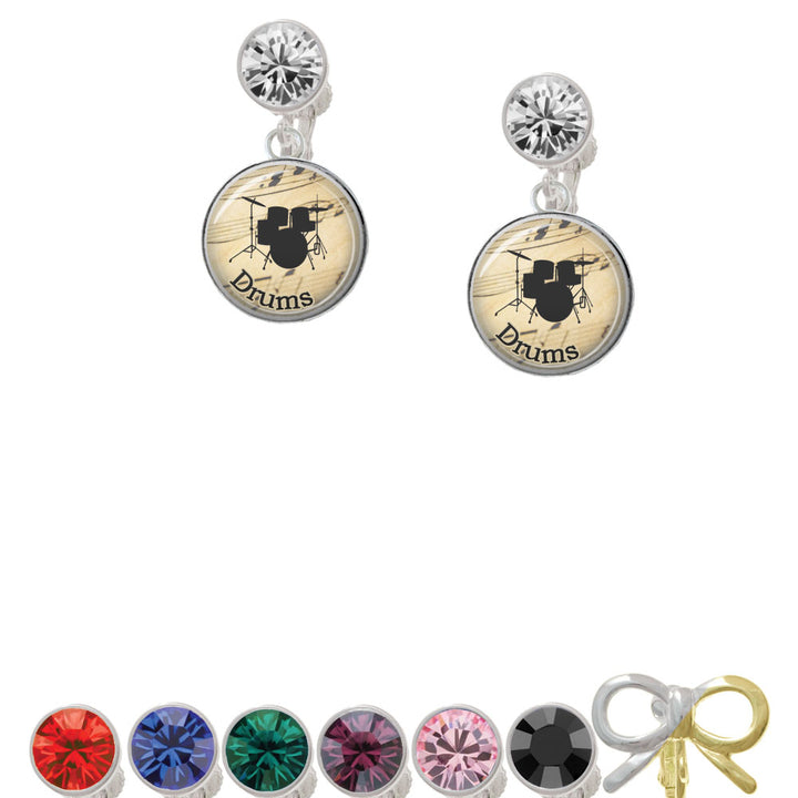 Domed Music - Drums Crystal Clip On Earrings Image 1