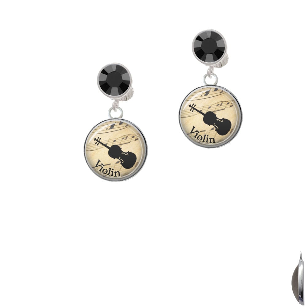 Domed Music - Violin Crystal Clip On Earrings Image 1