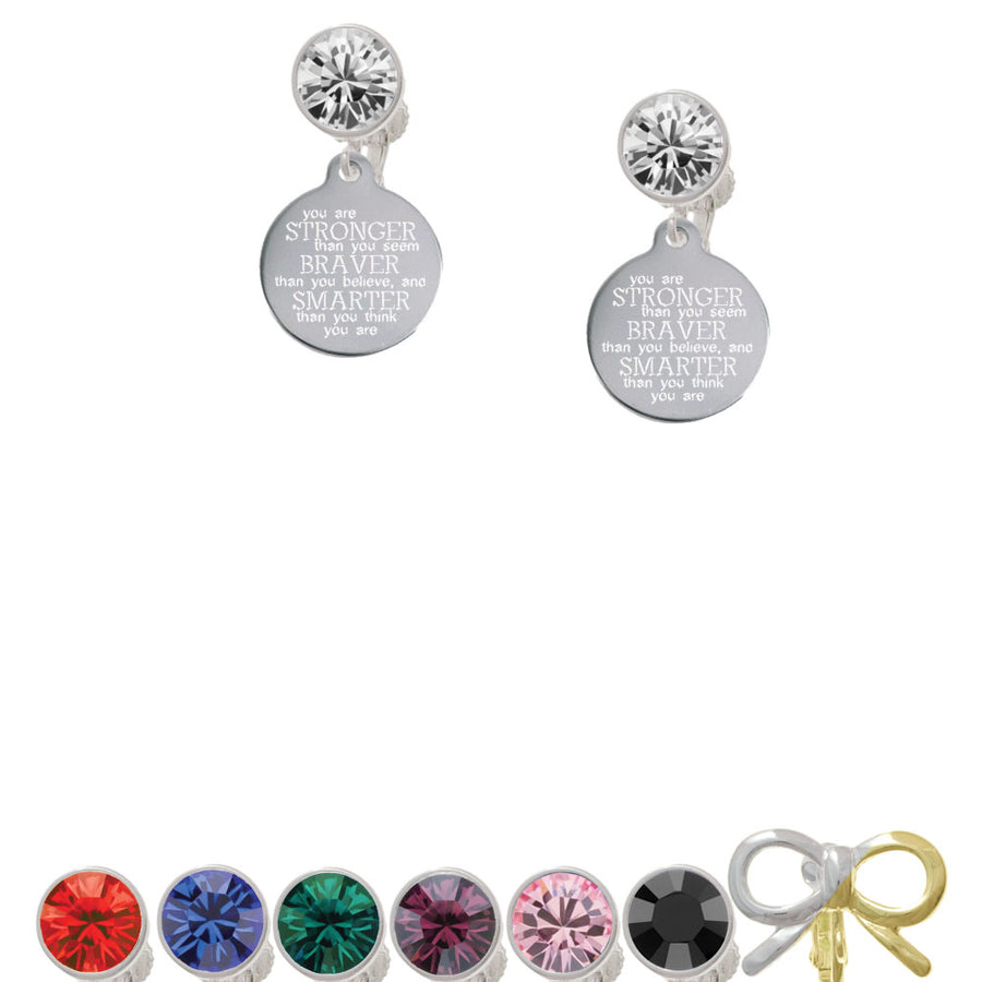 Stainless Steel Disc Stronger Braver Smarter Crystal Clip On Earrings Image 1