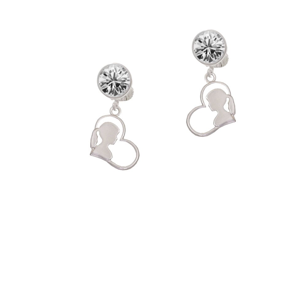 Girl Silhouette in Heart Crystal Clip On Earrings Image 2