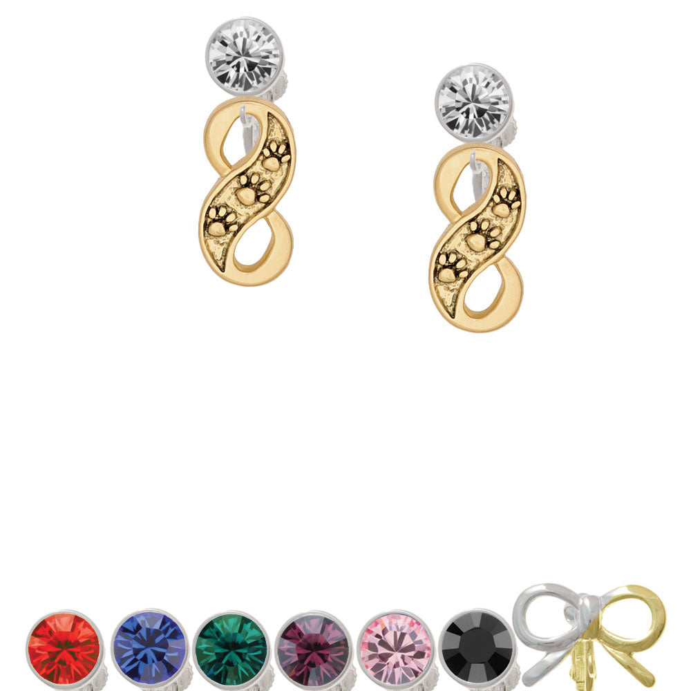 Gold Tone Paw Prints Infinity Crystal Clip On Earrings Image 1