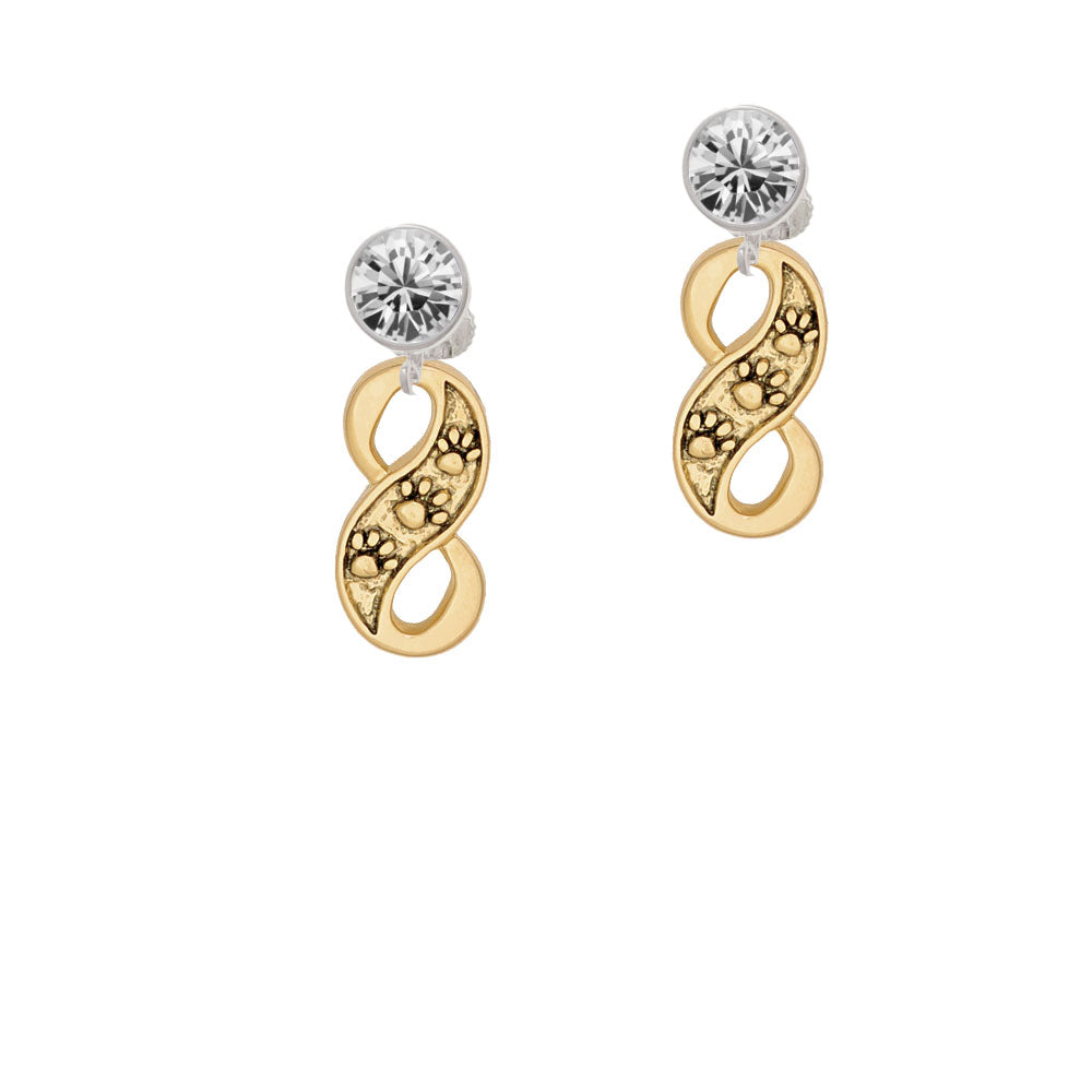 Gold Tone Paw Prints Infinity Crystal Clip On Earrings Image 2