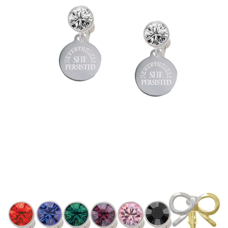 Engraved Nevertheless She Persisted Crystal Clip On Earrings Image 1