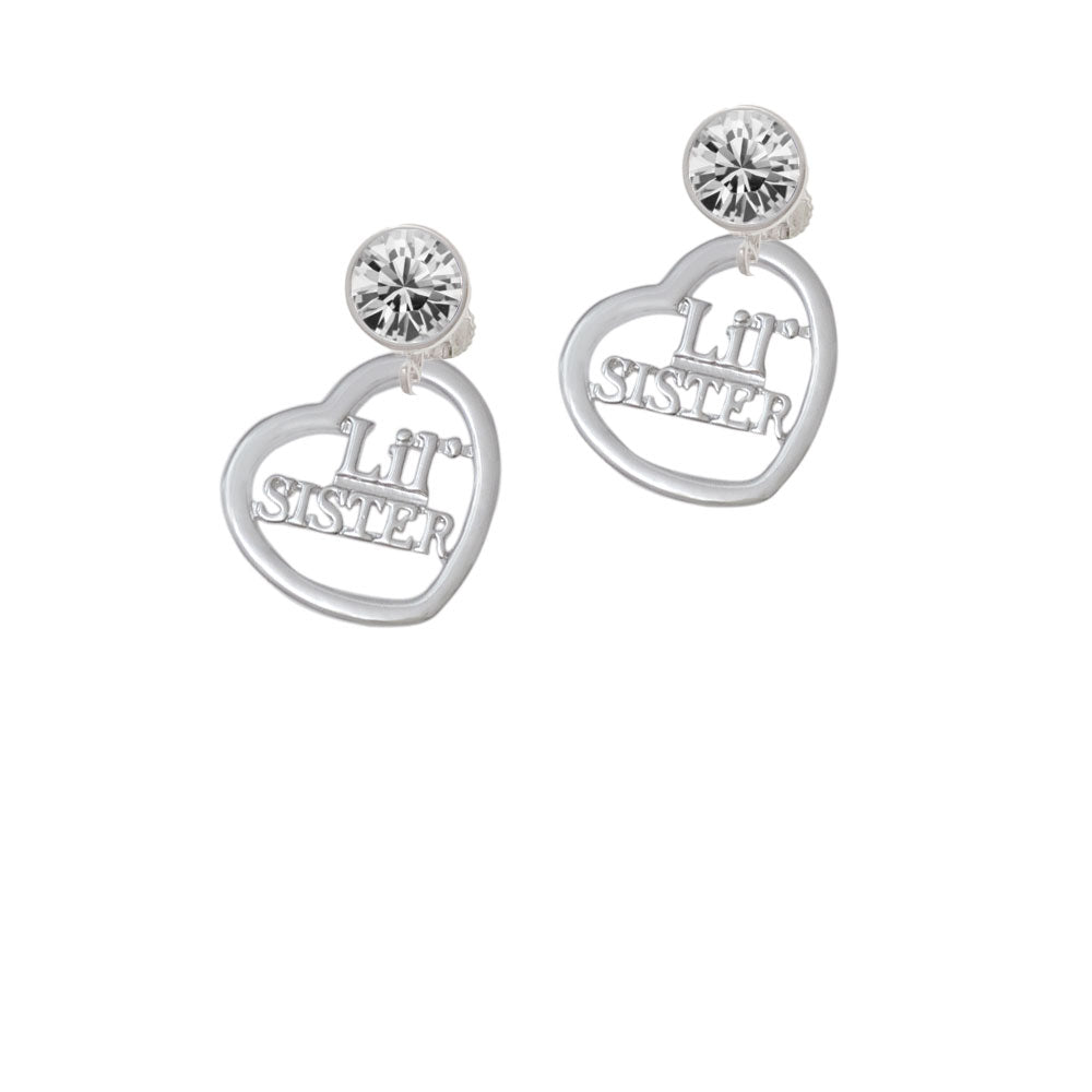 3/4 Lil Sister Cutout Open Heart Crystal Clip On Earrings Image 2