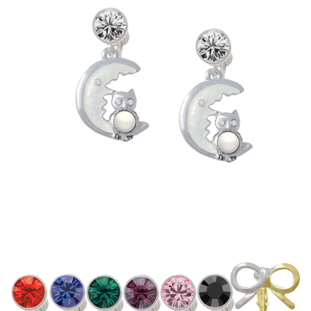 Large Imitation Pearl Owl Sitting on White Moon Crystal Clip On Earrings Image 1