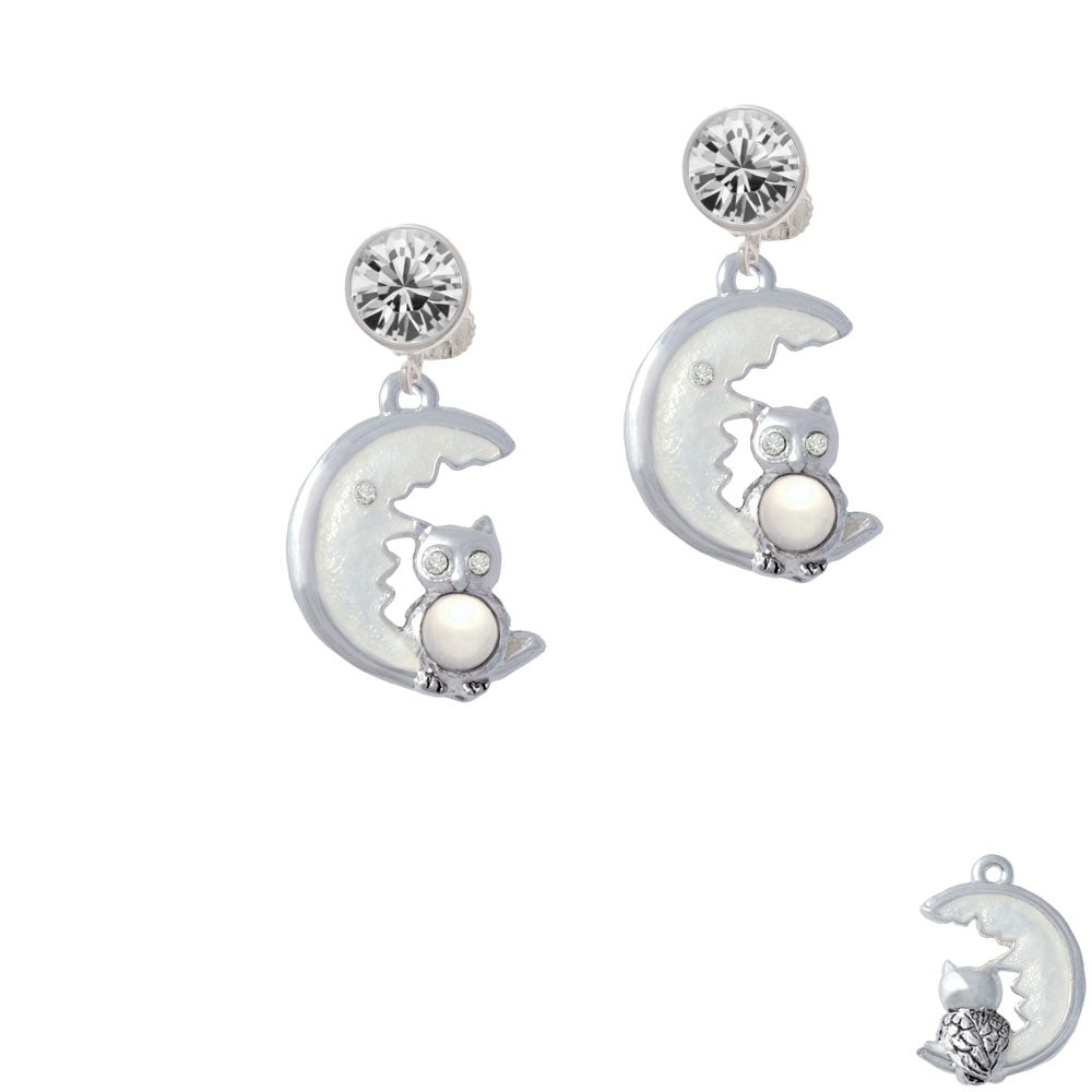 Large Imitation Pearl Owl Sitting on White Moon Crystal Clip On Earrings Image 2