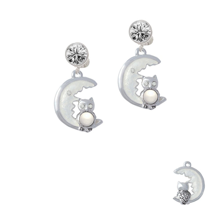 Large Imitation Pearl Owl Sitting on White Moon Crystal Clip On Earrings Image 1