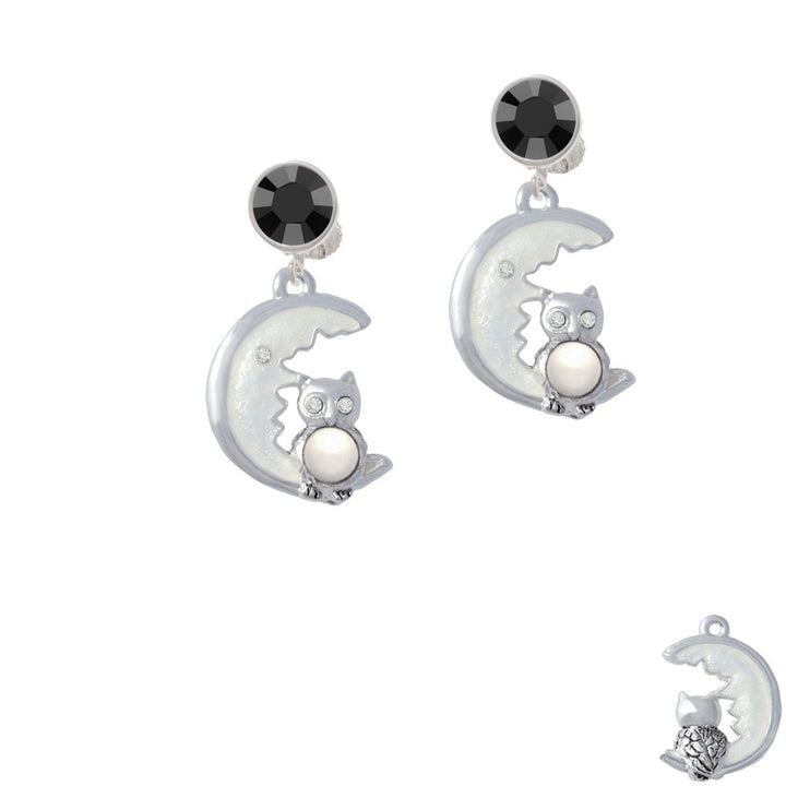 Large Imitation Pearl Owl Sitting on White Moon Crystal Clip On Earrings Image 3