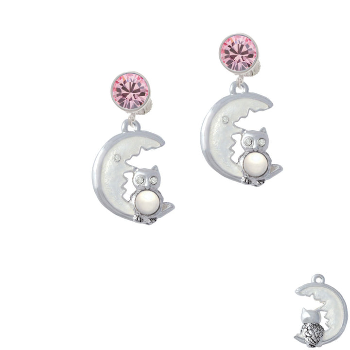 Large Imitation Pearl Owl Sitting on White Moon Crystal Clip On Earrings Image 4