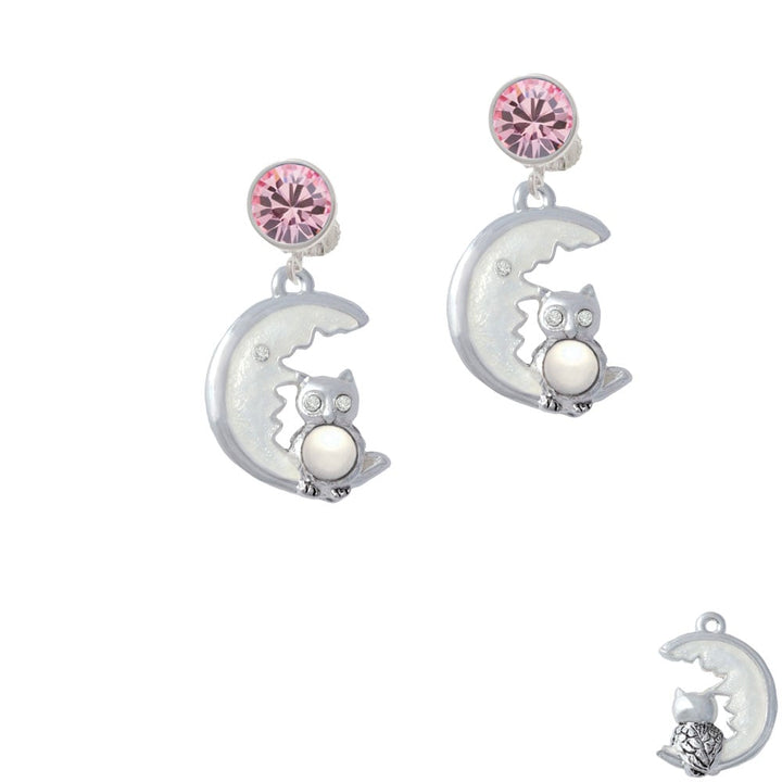 Large Imitation Pearl Owl Sitting on White Moon Crystal Clip On Earrings Image 1