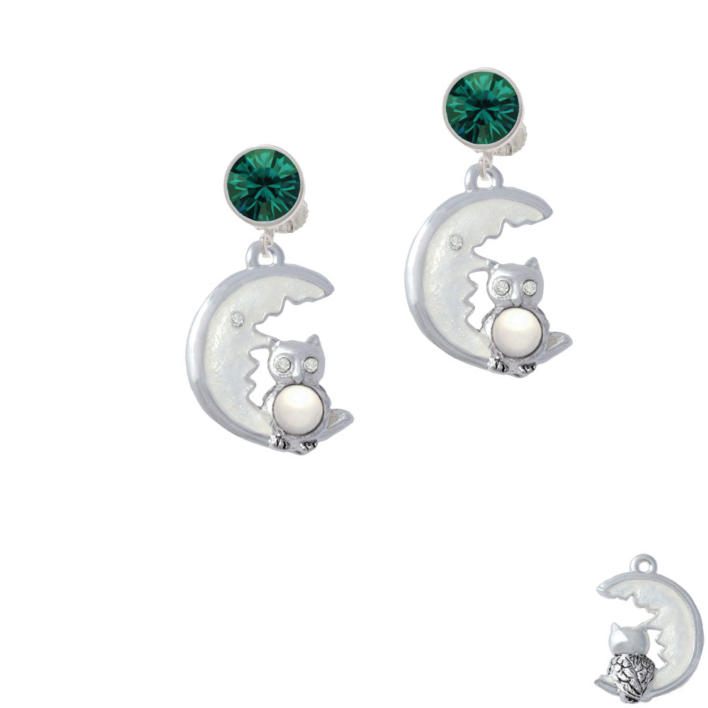 Large Imitation Pearl Owl Sitting on White Moon Crystal Clip On Earrings Image 6