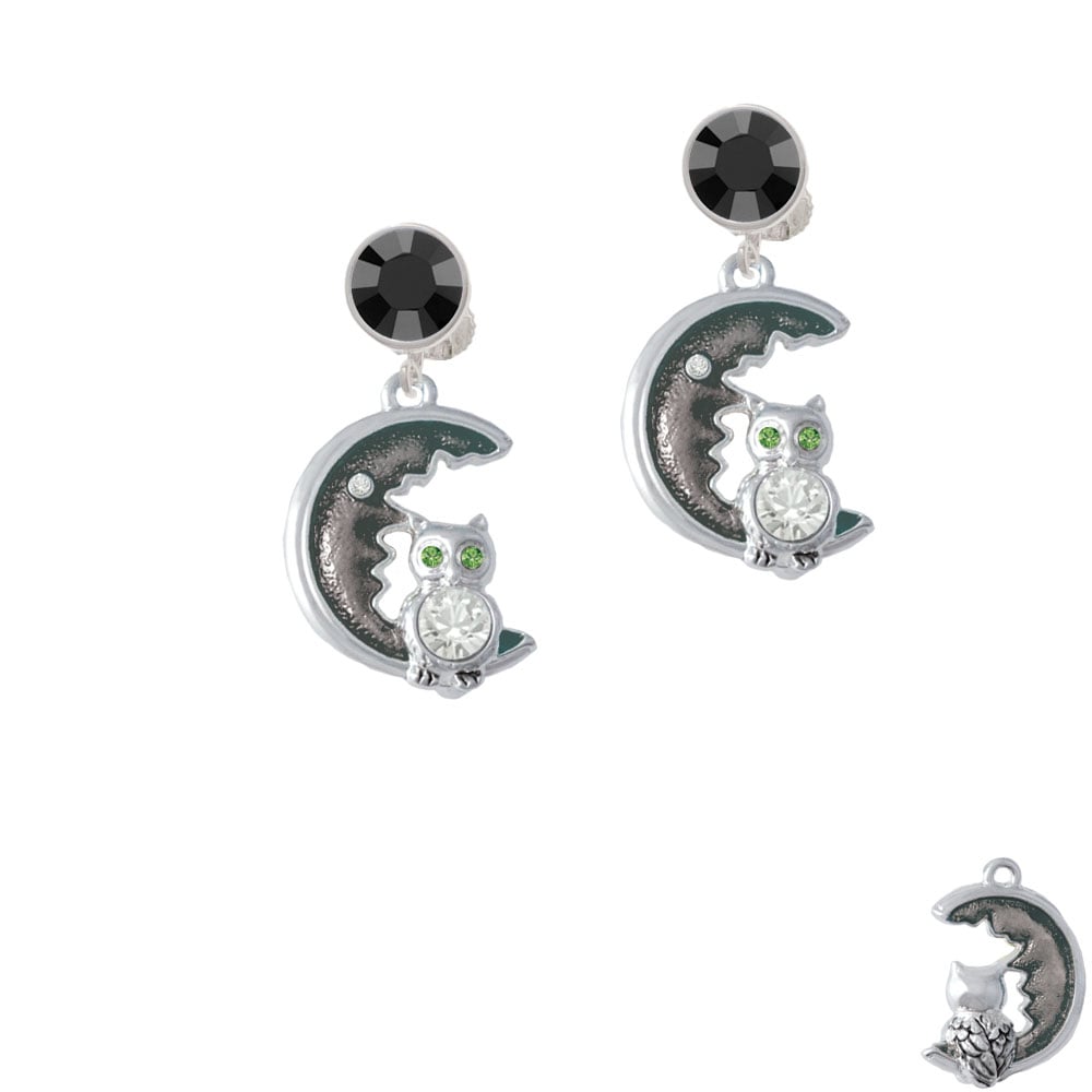 Large Crystal Owl Sitting on Black Moon Crystal Clip On Earrings Image 1