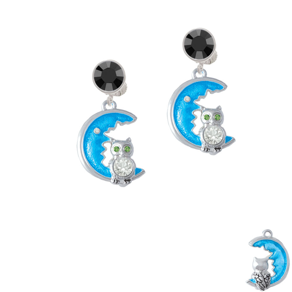 Large Clear Crystal Owl on Hot Blue Moon Crystal Clip On Earrings Image 3