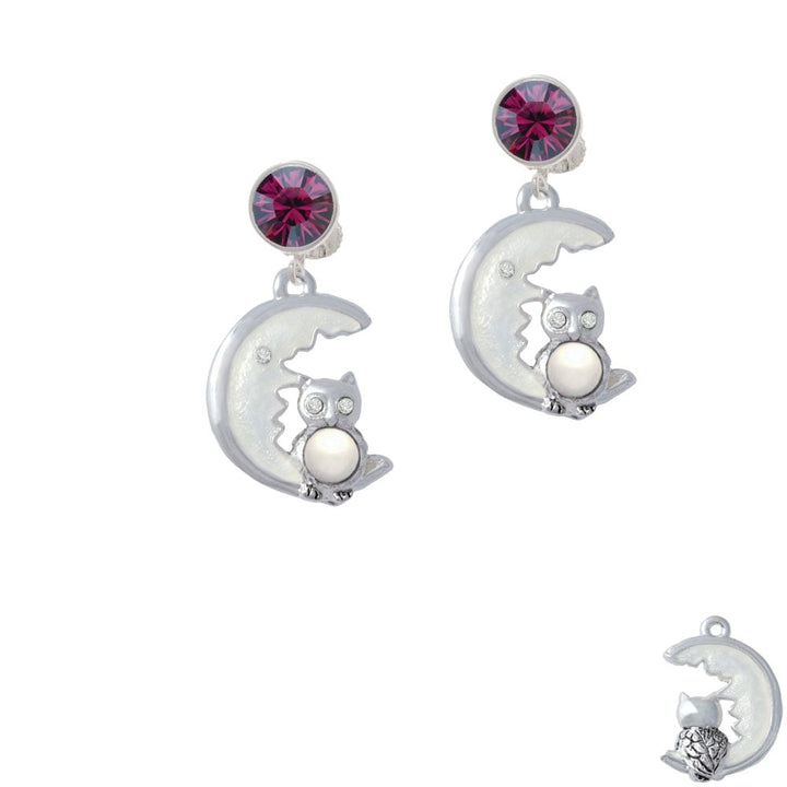 Large Imitation Pearl Owl Sitting on White Moon Crystal Clip On Earrings Image 8