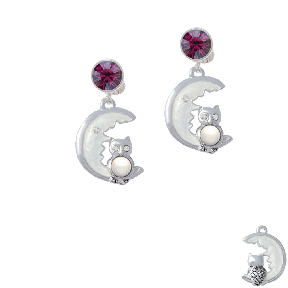 Large Imitation Pearl Owl Sitting on White Moon Crystal Clip On Earrings Image 1