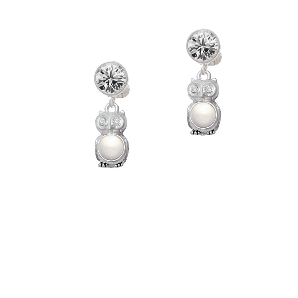 3-D Imitation Pearl and Clear Crystal Owl Crystal Clip On Earrings Image 2