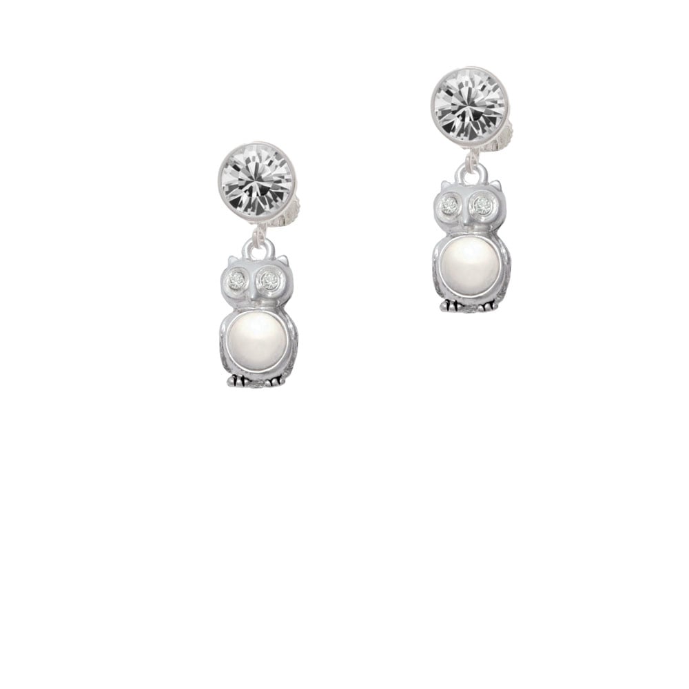 3-D Imitation Pearl and Clear Crystal Owl Crystal Clip On Earrings Image 1