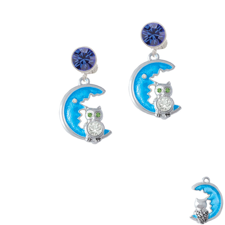 Large Clear Crystal Owl on Hot Blue Moon Crystal Clip On Earrings Image 7