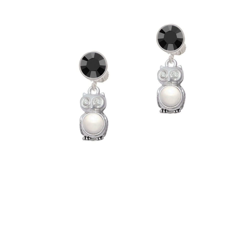 3-D Imitation Pearl and Clear Crystal Owl Crystal Clip On Earrings Image 3