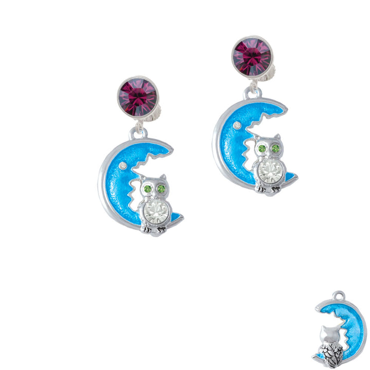 Large Clear Crystal Owl on Hot Blue Moon Crystal Clip On Earrings Image 8