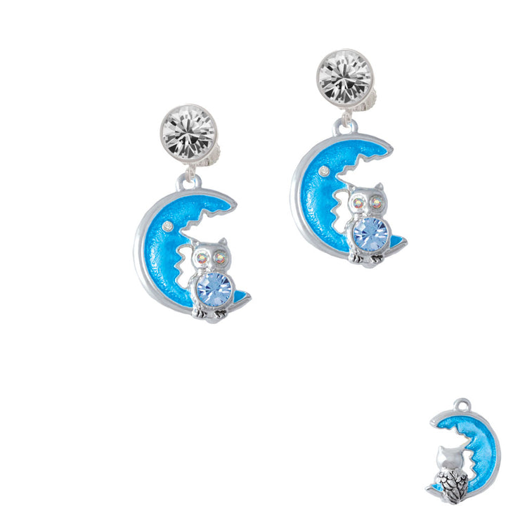 Large Blue Owl on Hot Blue Moon Crystal Clip On Earrings Image 2