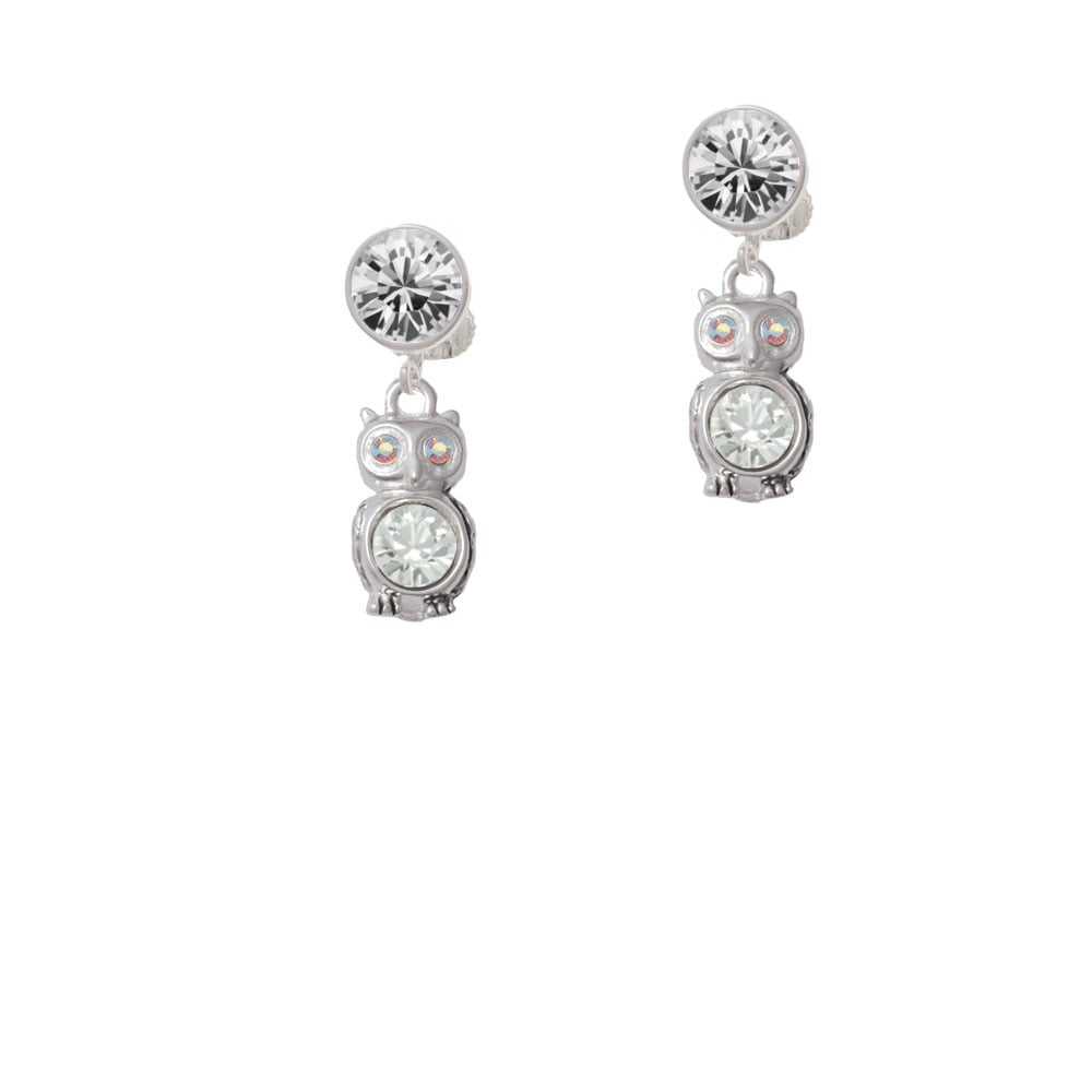 3-D Clear AB Crystal Owl Crystal Clip On Earrings Image 1