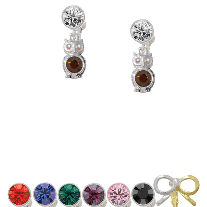 3-D Brown and AB Crystal Owl Crystal Clip On Earrings Image 1