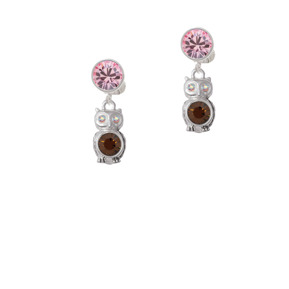 3-D Brown and AB Crystal Owl Crystal Clip On Earrings Image 4