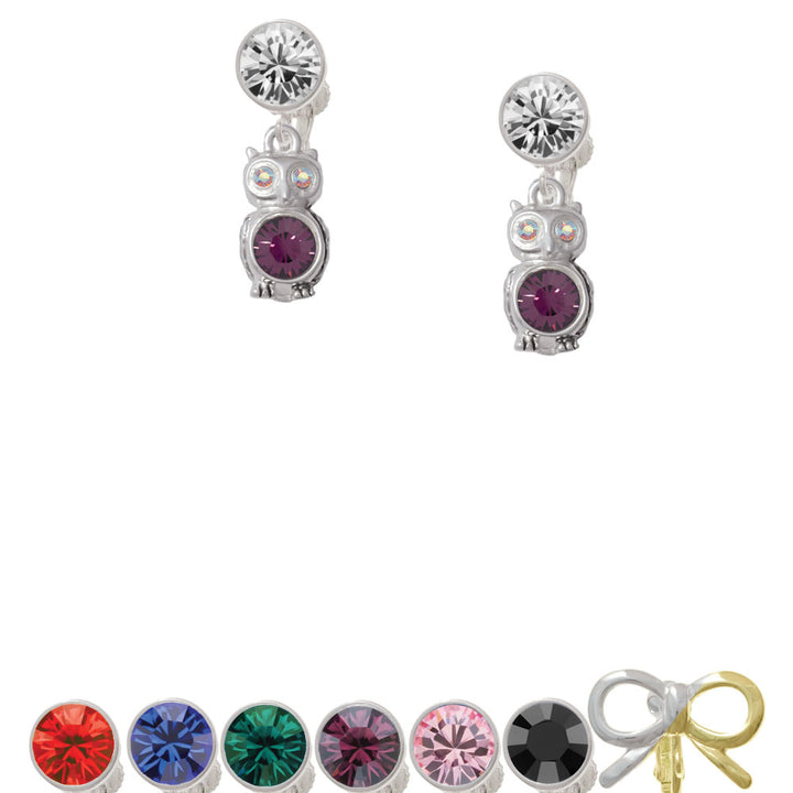 3-D Purple and AB Crystal Owl Crystal Clip On Earrings Image 1