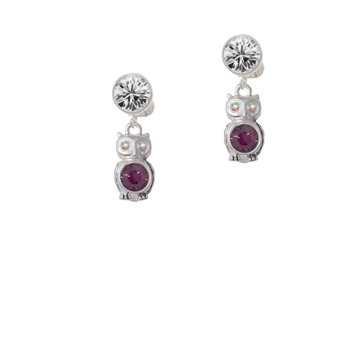 3-D Purple and AB Crystal Owl Crystal Clip On Earrings Image 2