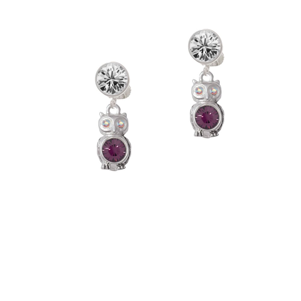 3-D Purple and AB Crystal Owl Crystal Clip On Earrings Image 1