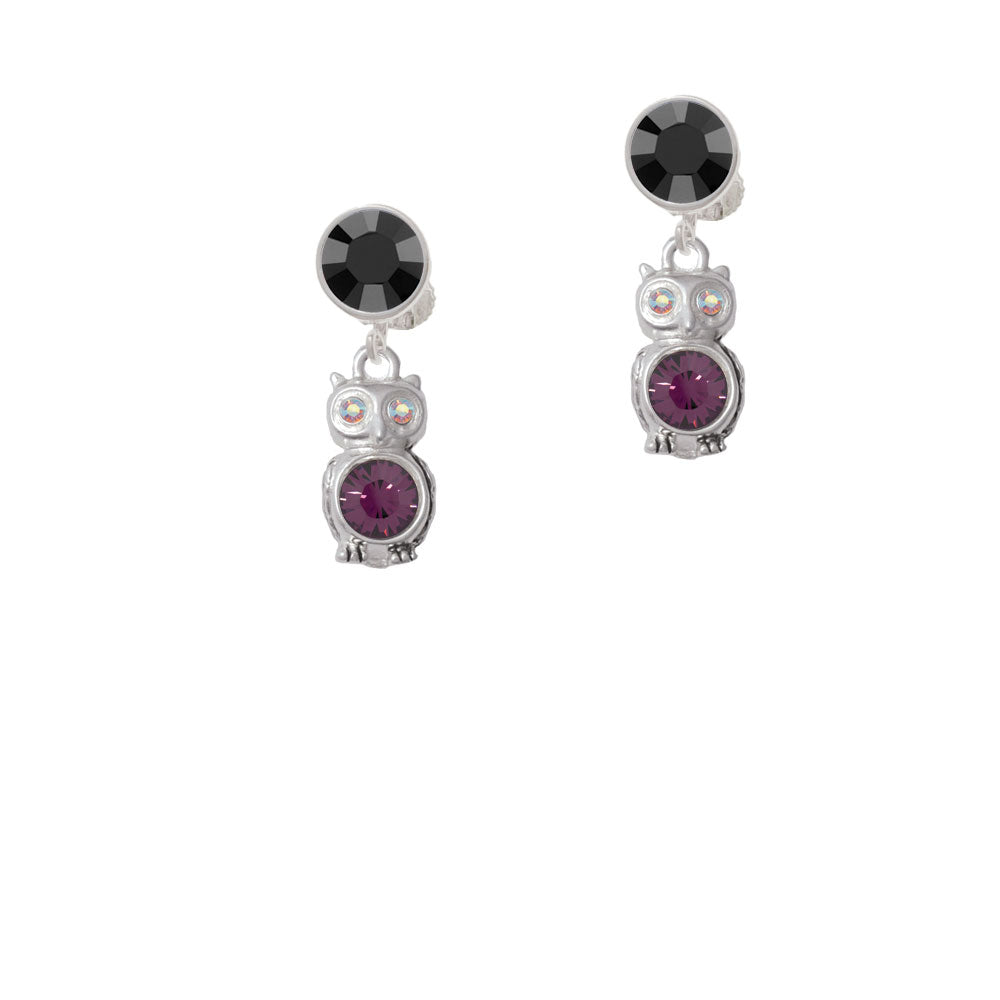 3-D Purple and AB Crystal Owl Crystal Clip On Earrings Image 3