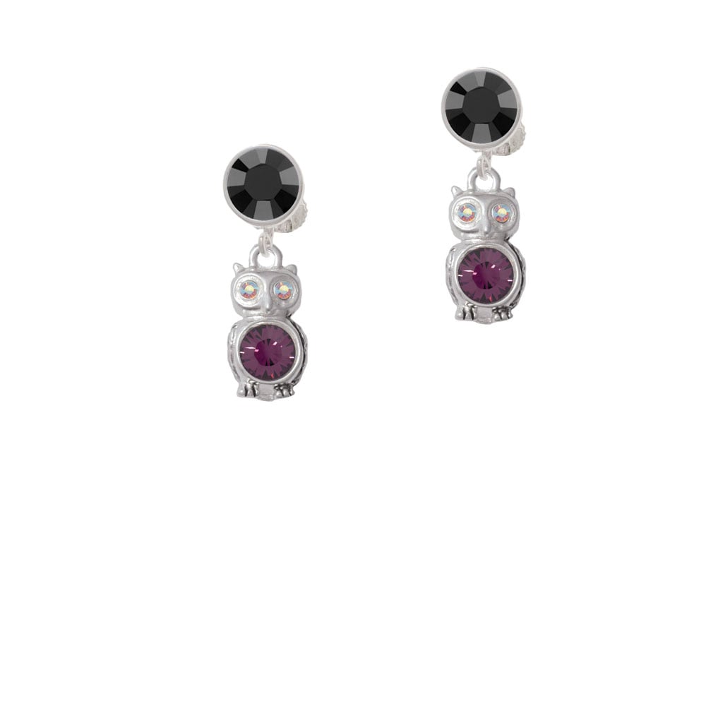 3-D Purple and AB Crystal Owl Crystal Clip On Earrings Image 1