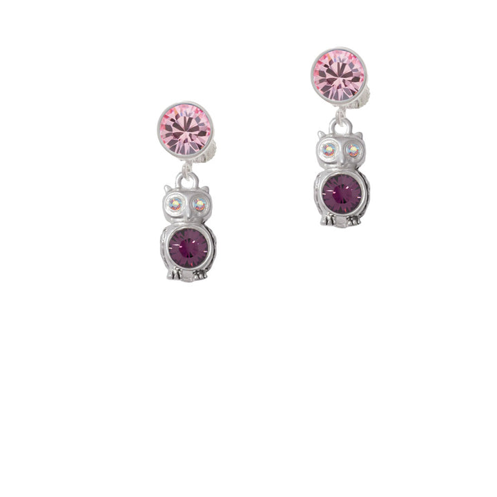 3-D Purple and AB Crystal Owl Crystal Clip On Earrings Image 4