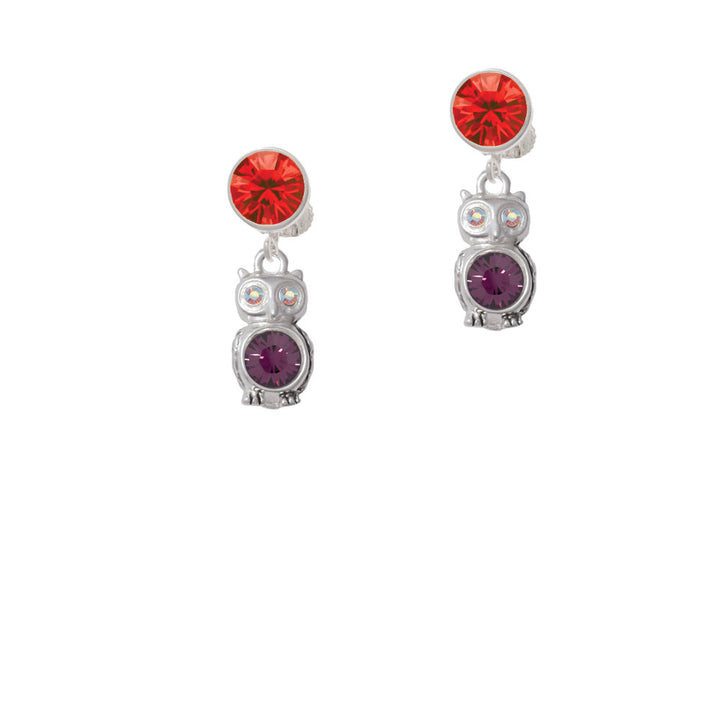 3-D Purple and AB Crystal Owl Crystal Clip On Earrings Image 4