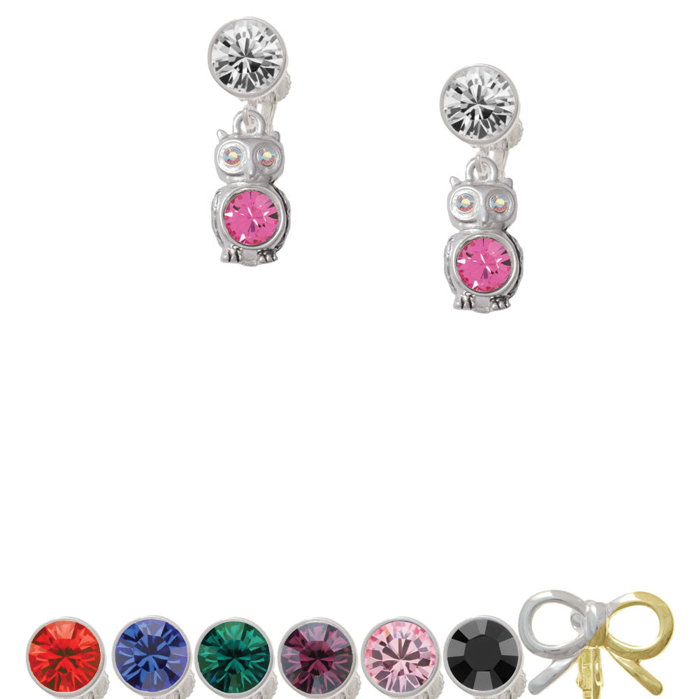 3-D Hot Pink and AB Crystal Owl Crystal Clip On Earrings Image 1