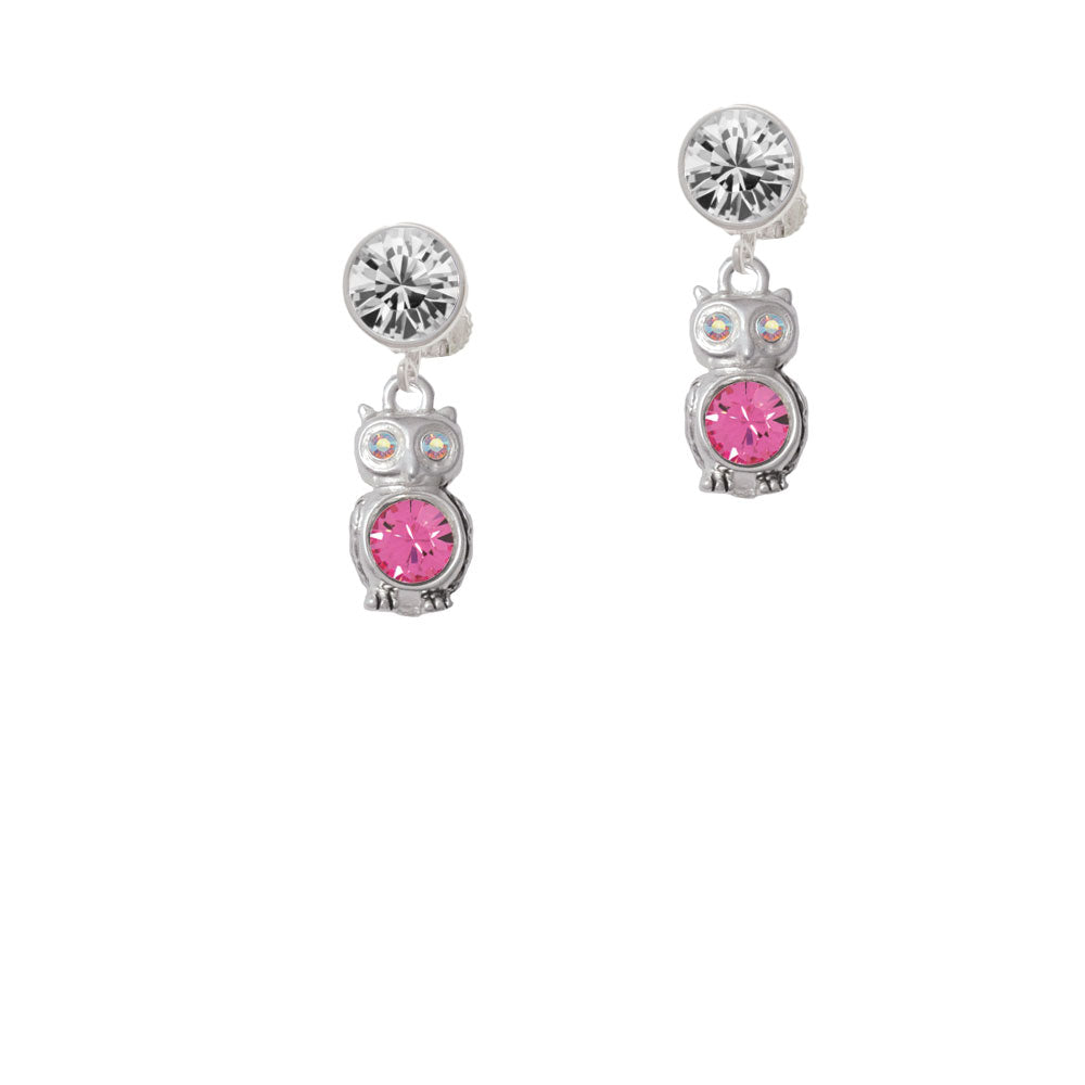 3-D Hot Pink and AB Crystal Owl Crystal Clip On Earrings Image 2