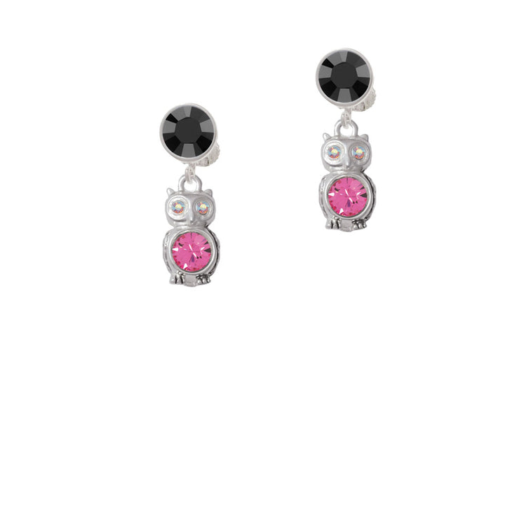 3-D Hot Pink and AB Crystal Owl Crystal Clip On Earrings Image 3