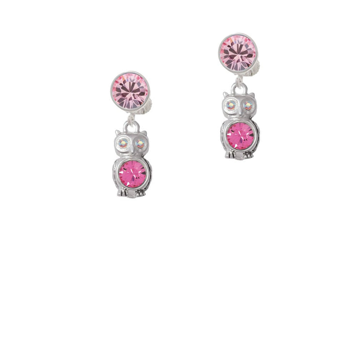 3-D Hot Pink and AB Crystal Owl Crystal Clip On Earrings Image 1