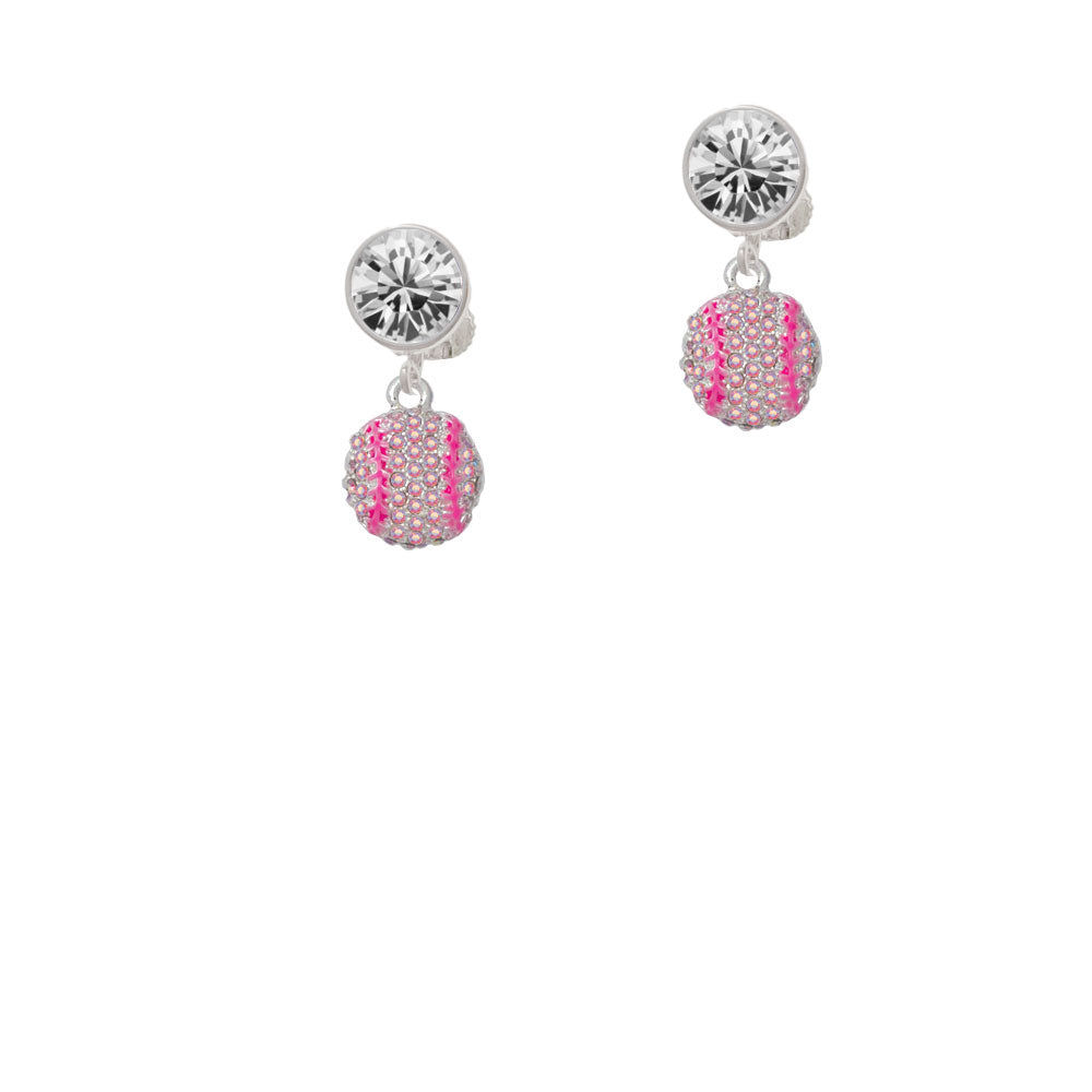 Small Sparkle Pink AB Softball Crystal Clip On Earrings Image 2