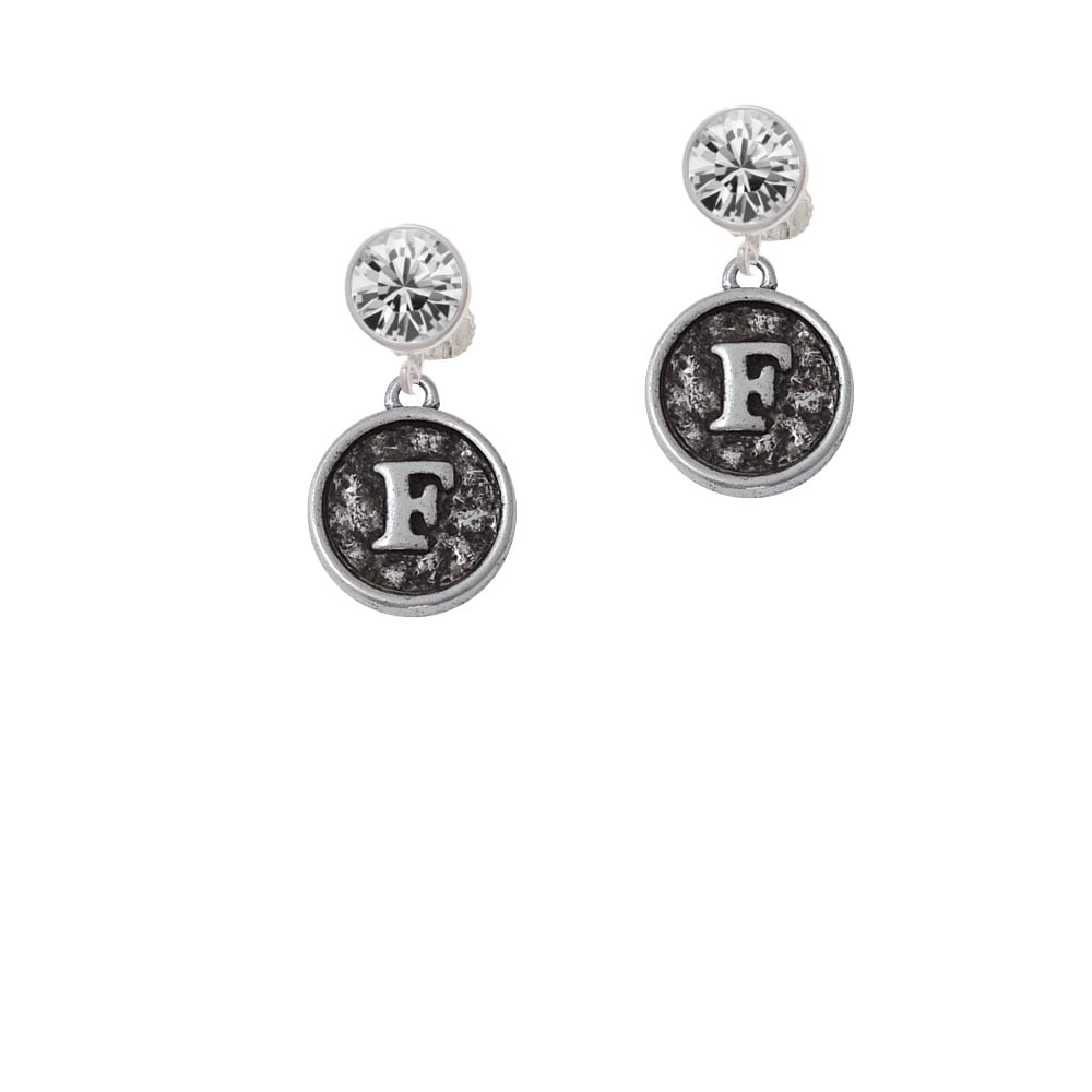 Antiqued Round Seal - Initial - F - Crystal Clip On Earrings Image 1