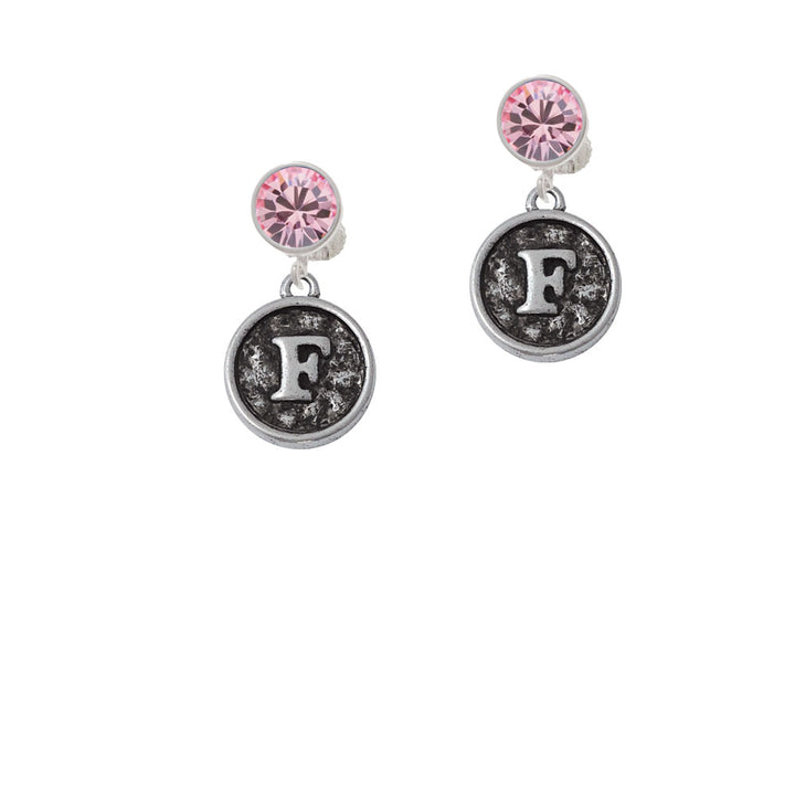 Antiqued Round Seal - Initial - F - Crystal Clip On Earrings Image 4