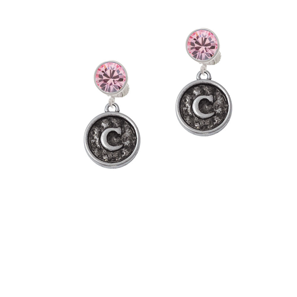 Antiqued Round Seal - Initial - C - Crystal Clip On Earrings Image 4