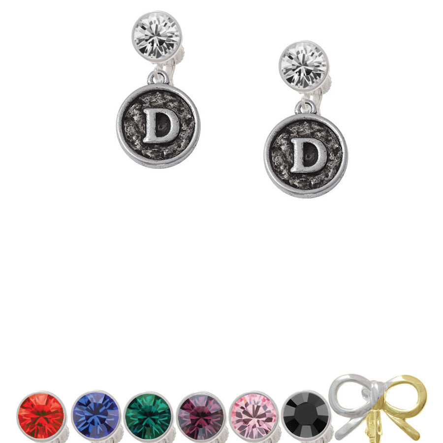 Antiqued Round Seal - Initial - D - Crystal Clip On Earrings Image 1