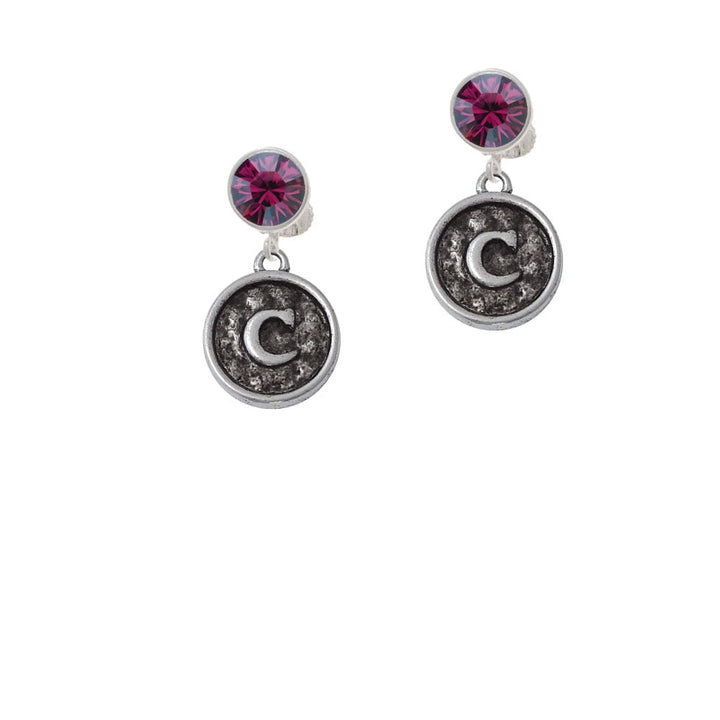 Antiqued Round Seal - Initial - C - Crystal Clip On Earrings Image 1