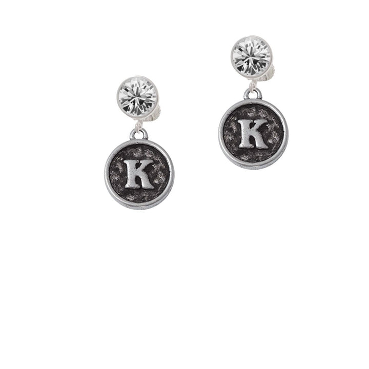 Antiqued Round Seal - Initial - K - Crystal Clip On Earrings Image 2