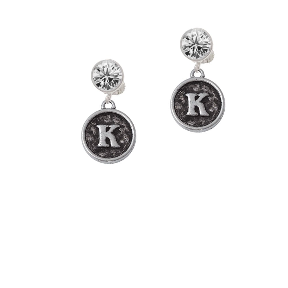 Antiqued Round Seal - Initial - K - Crystal Clip On Earrings Image 1