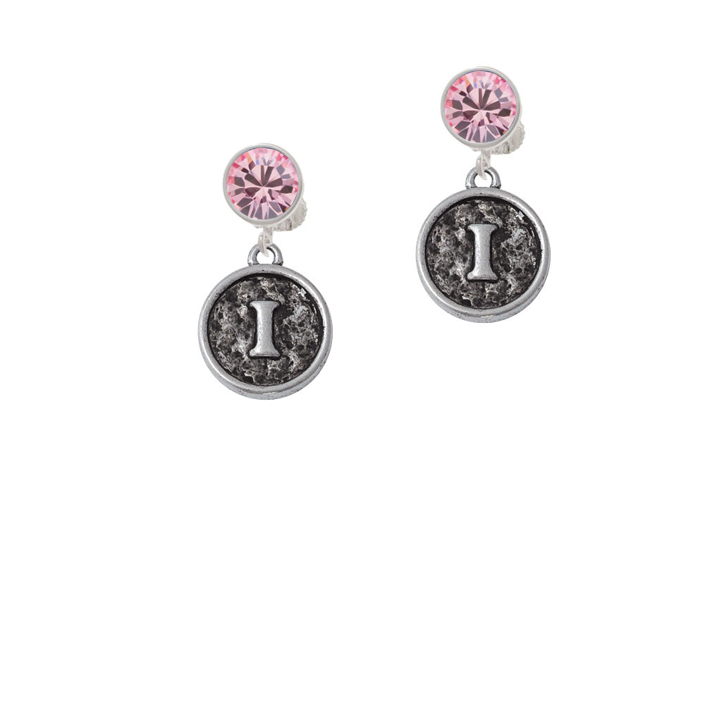 Antiqued Round Seal - Initial - I - Crystal Clip On Earrings Image 4