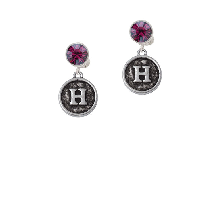 Antiqued Round Seal - Initial - H - Crystal Clip On Earrings Image 8