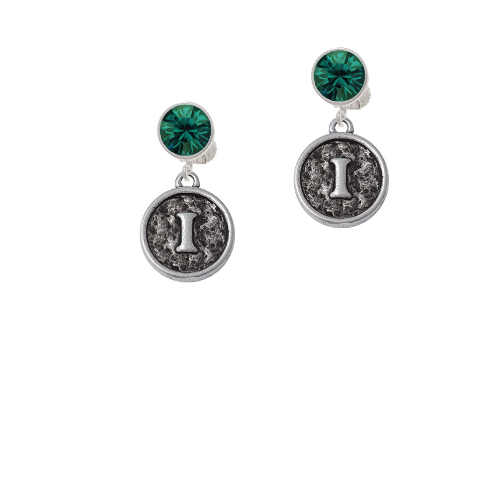 Antiqued Round Seal - Initial - I - Crystal Clip On Earrings Image 6